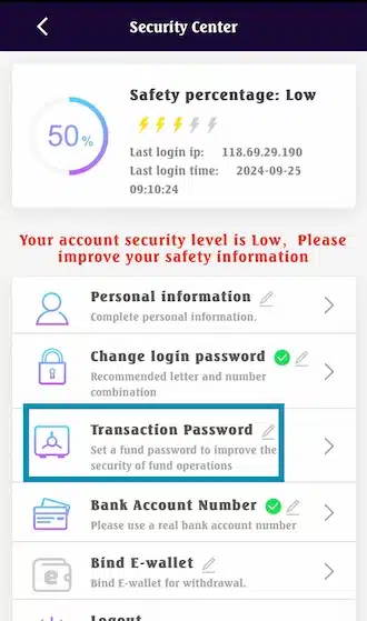 ?Step 1: Select "Transaction Password".